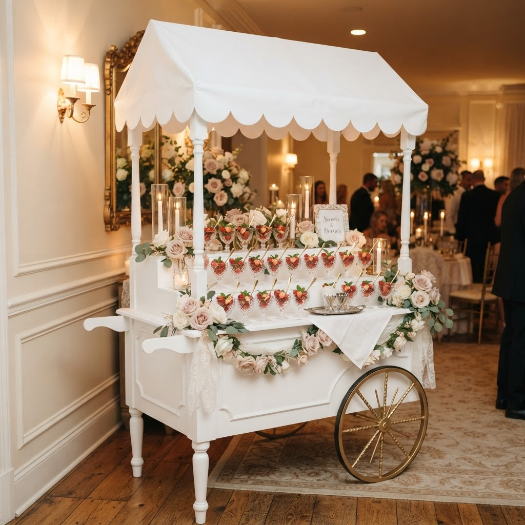 Carrito vintage blanco de postres Gameli montado en un evento elegante
