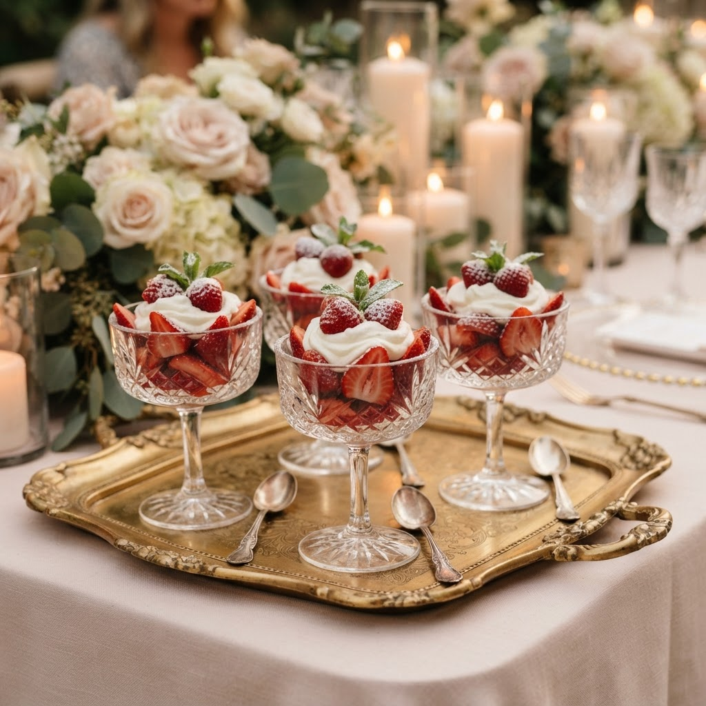 Copas de cristal con fresas y crema sobre charola dorada, decoradas con rosas y velas
