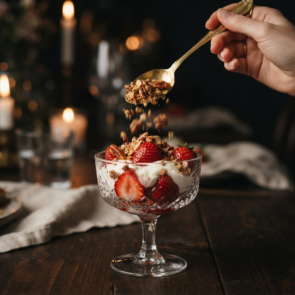 Cuchara dorada agregando topping crujiente sobre copas de fresas con crema