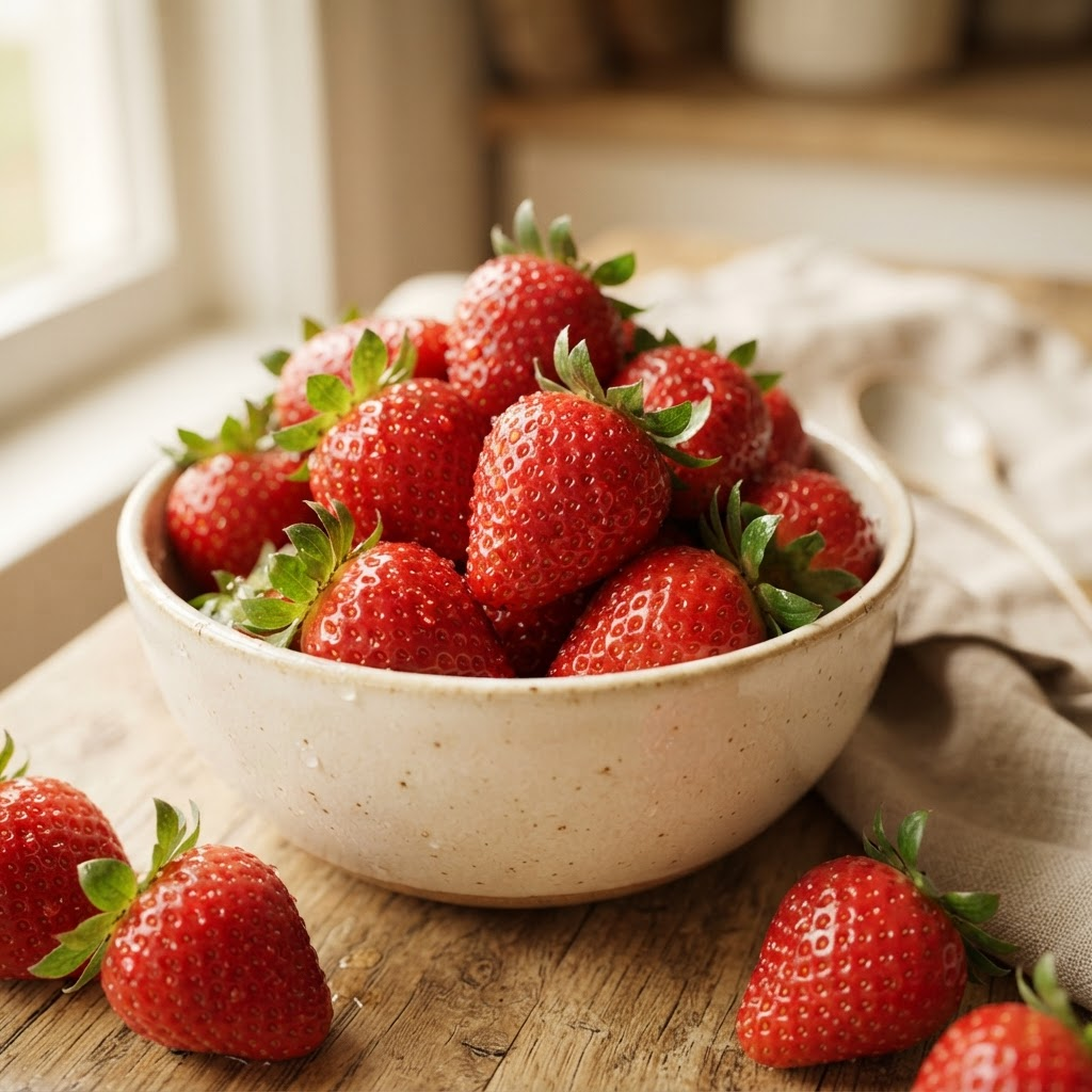 Bowl rebosante de fresas frescas y brillantes con la marca Gameli