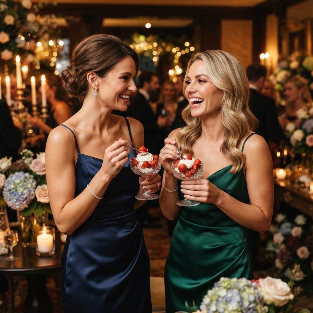 Dos invitadas elegantes disfrutando copas de fresas con crema en un evento